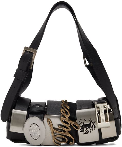 HODAKOVA: Black Buckle Baguette Bag .